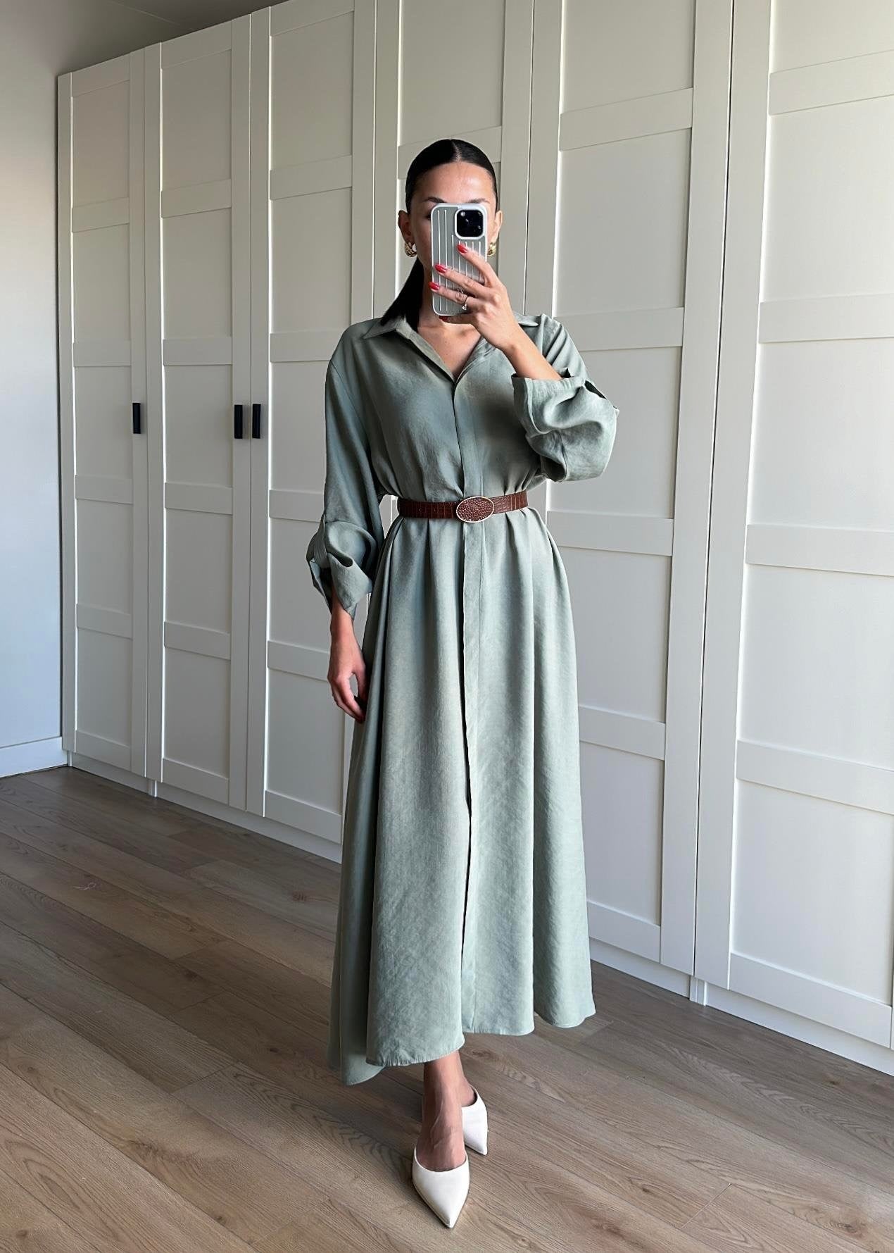 Tensel Kemerli Gömlek Elbise MİNT YEŞİLİ