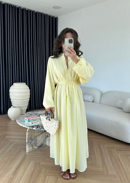 Nervürlü Pamuk Vual Elbise SARI