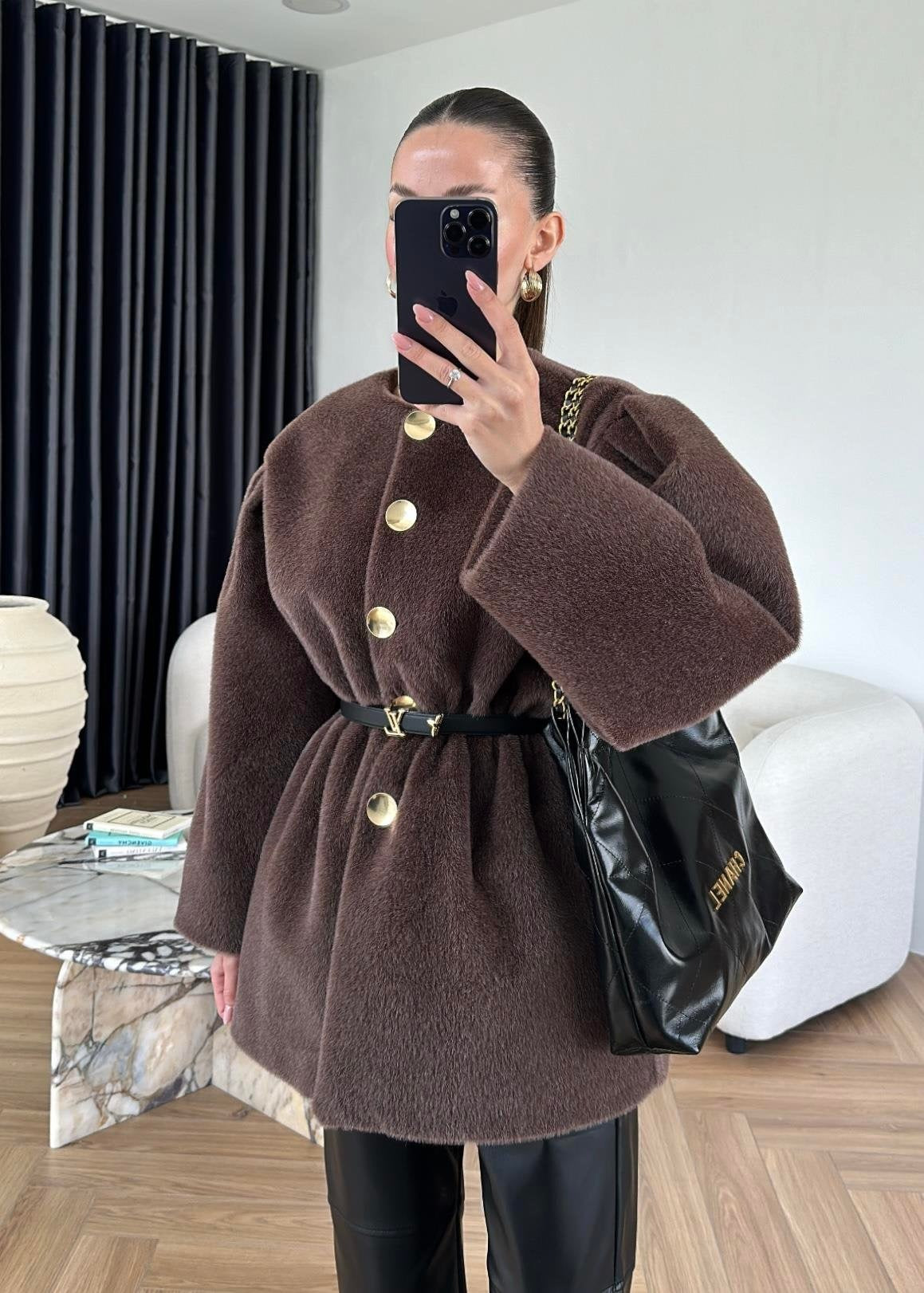 Gold Düğmeli Alpaka Kaban KAHVERENGİ