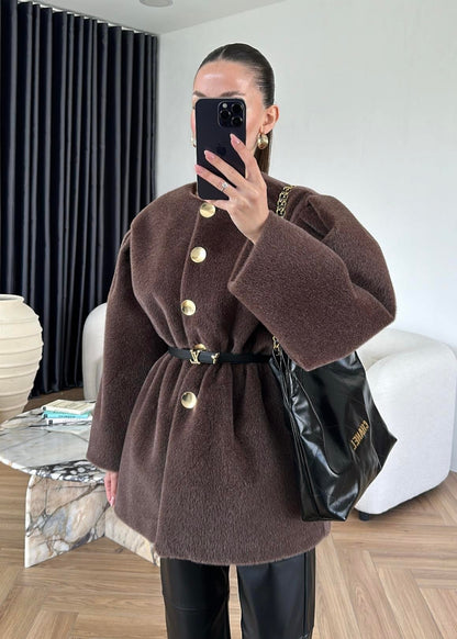 Gold Düğmeli Alpaka Kaban KAHVERENGİ