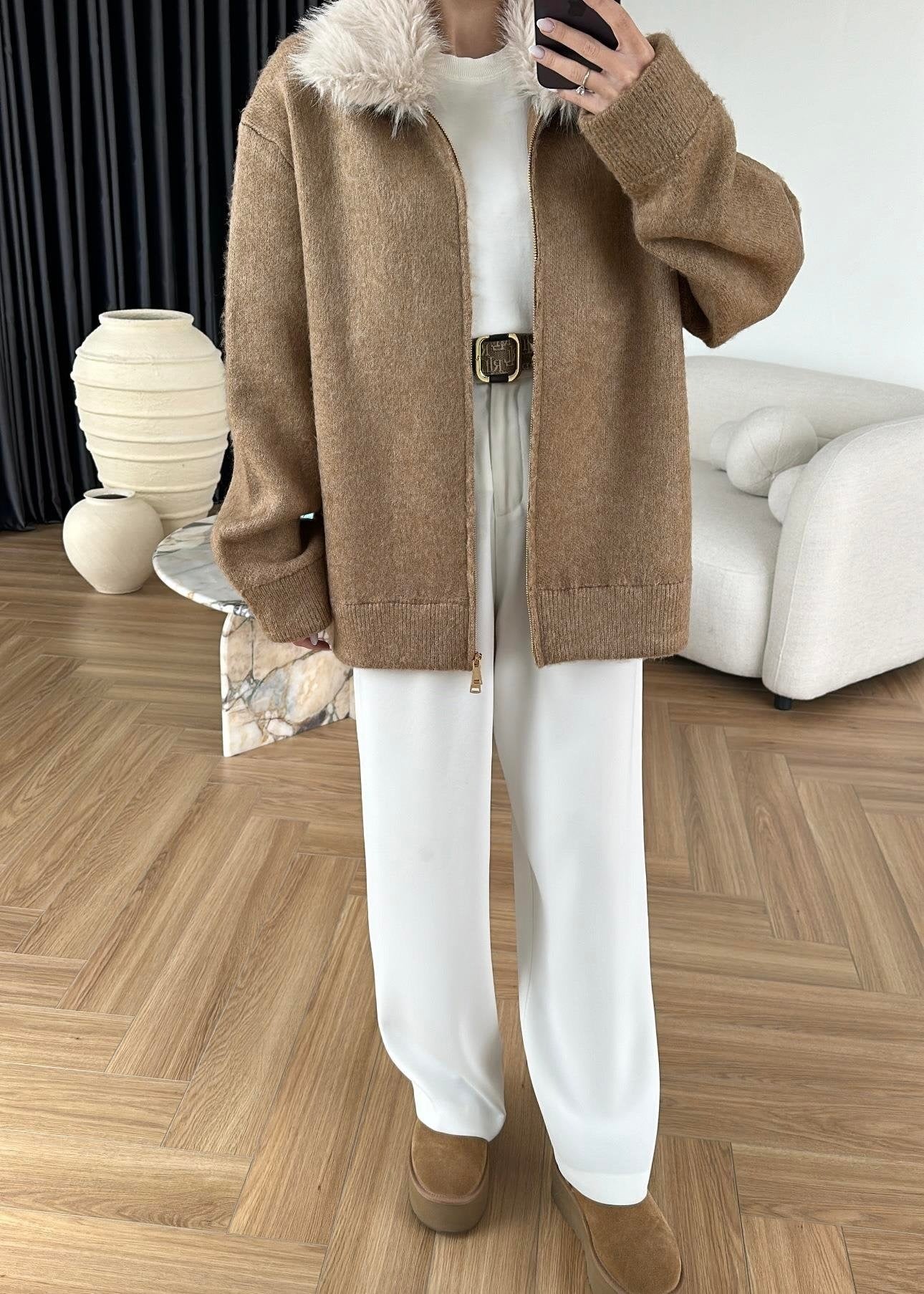 Çıkarılabilir Kürklü Hırka CAMEL