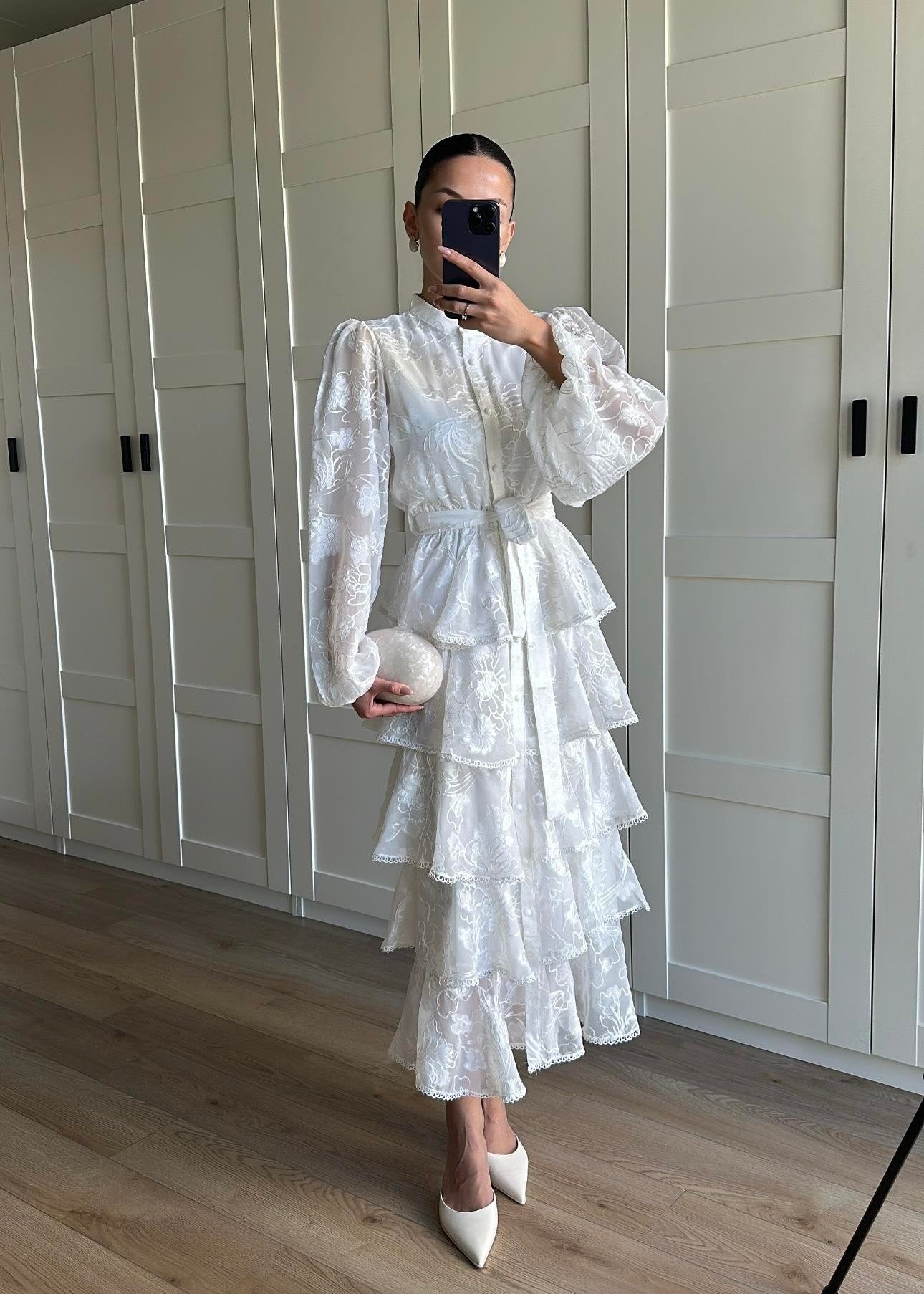 Çiçek Desenli Fırfırlı Elbise BEYAZ