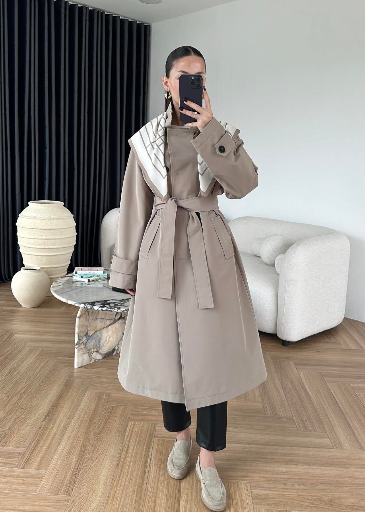 Fularlı Uzun Trençkot TAŞ