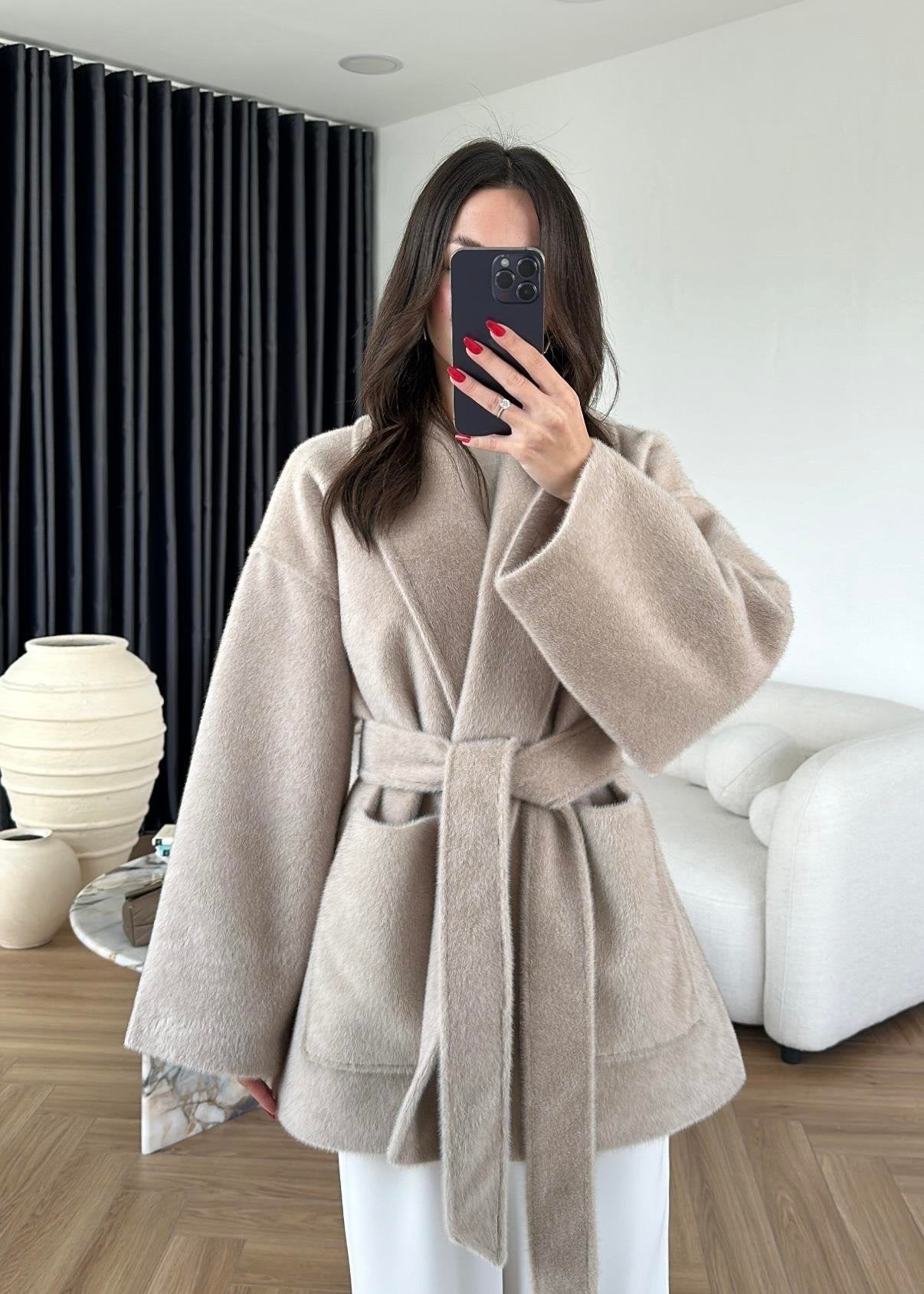 Yakalı Cepli Alpaka Ceket BEJ