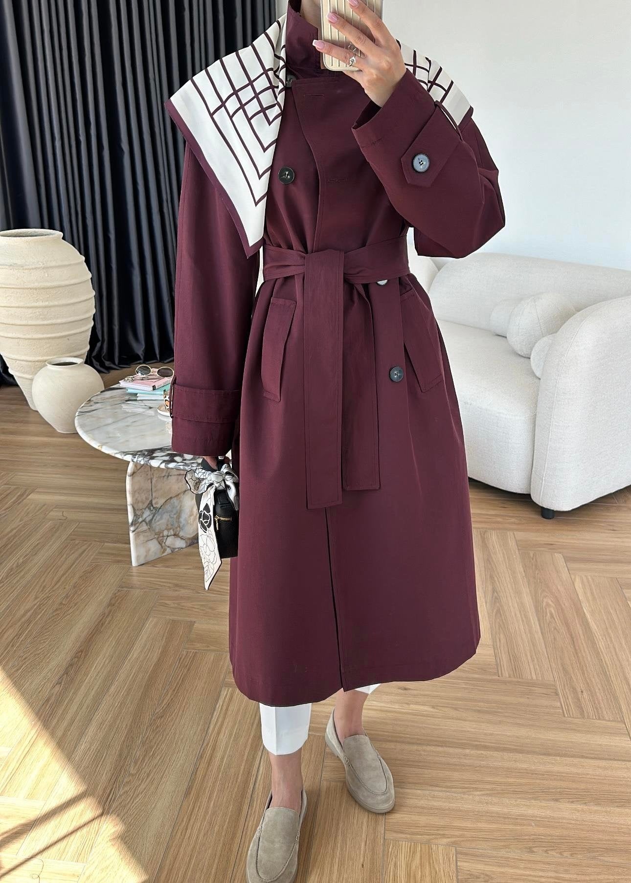 Fularlı Uzun Trençkot BORDO