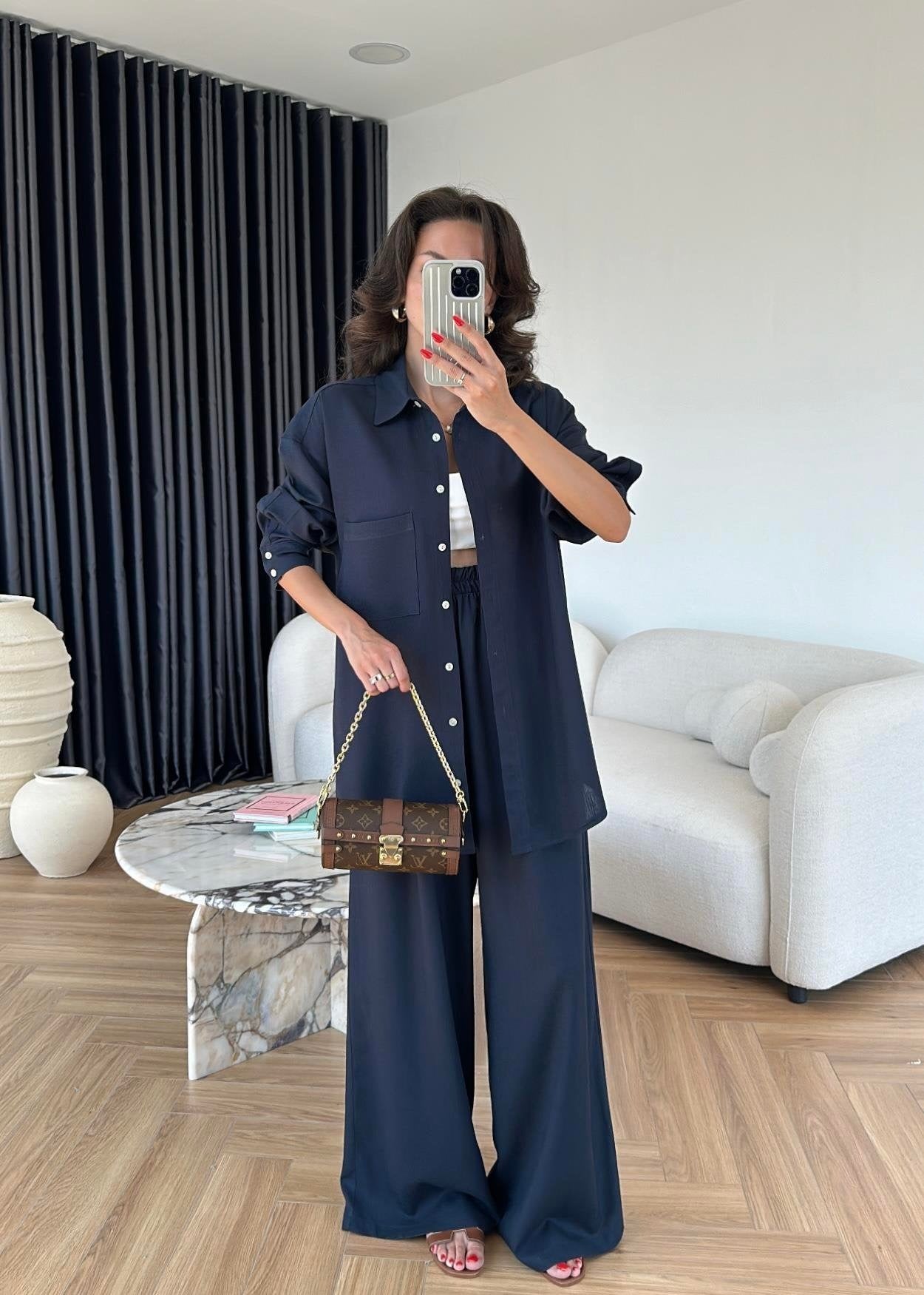 Sedef Düğmeli Uzun Keten Takım LACİVERT