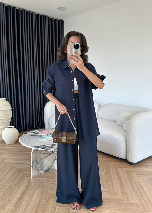 Sedef Düğmeli Uzun Keten Takım LACİVERT