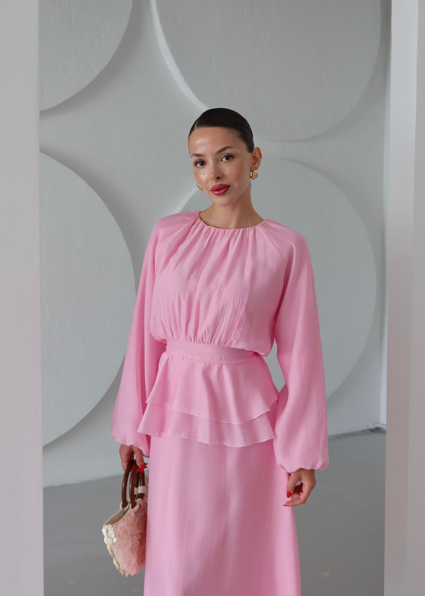 Beli Volanlı Elbise PEMBE