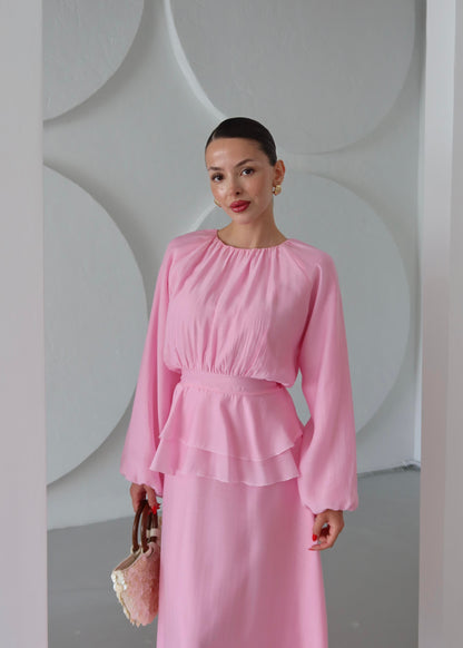 Beli Volanlı Elbise PEMBE