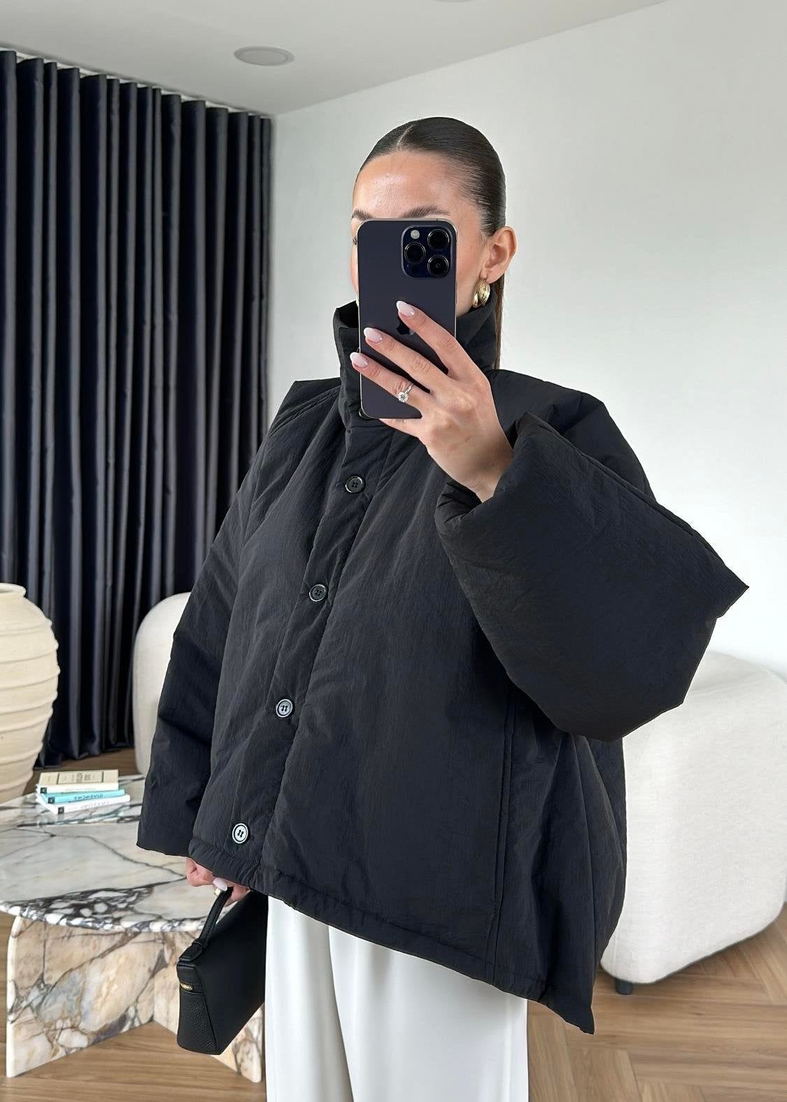 Dik Yakalı Arkası Uzun Mont SİYAH