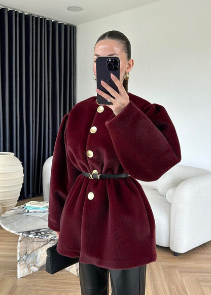 Gold Düğmeli Alpaka Kaban BORDO