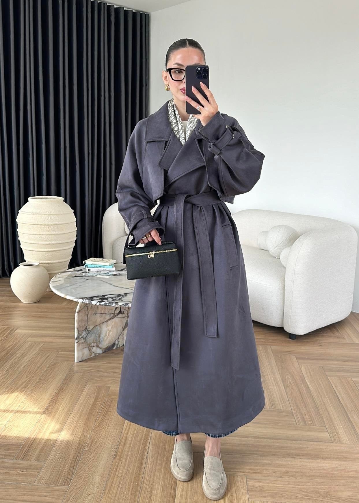 Apoletli Süet Trençkot ANTRASİT