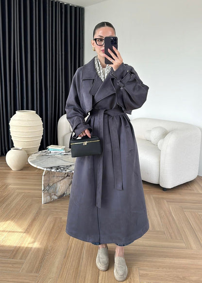 Apoletli Süet Trençkot ANTRASİT