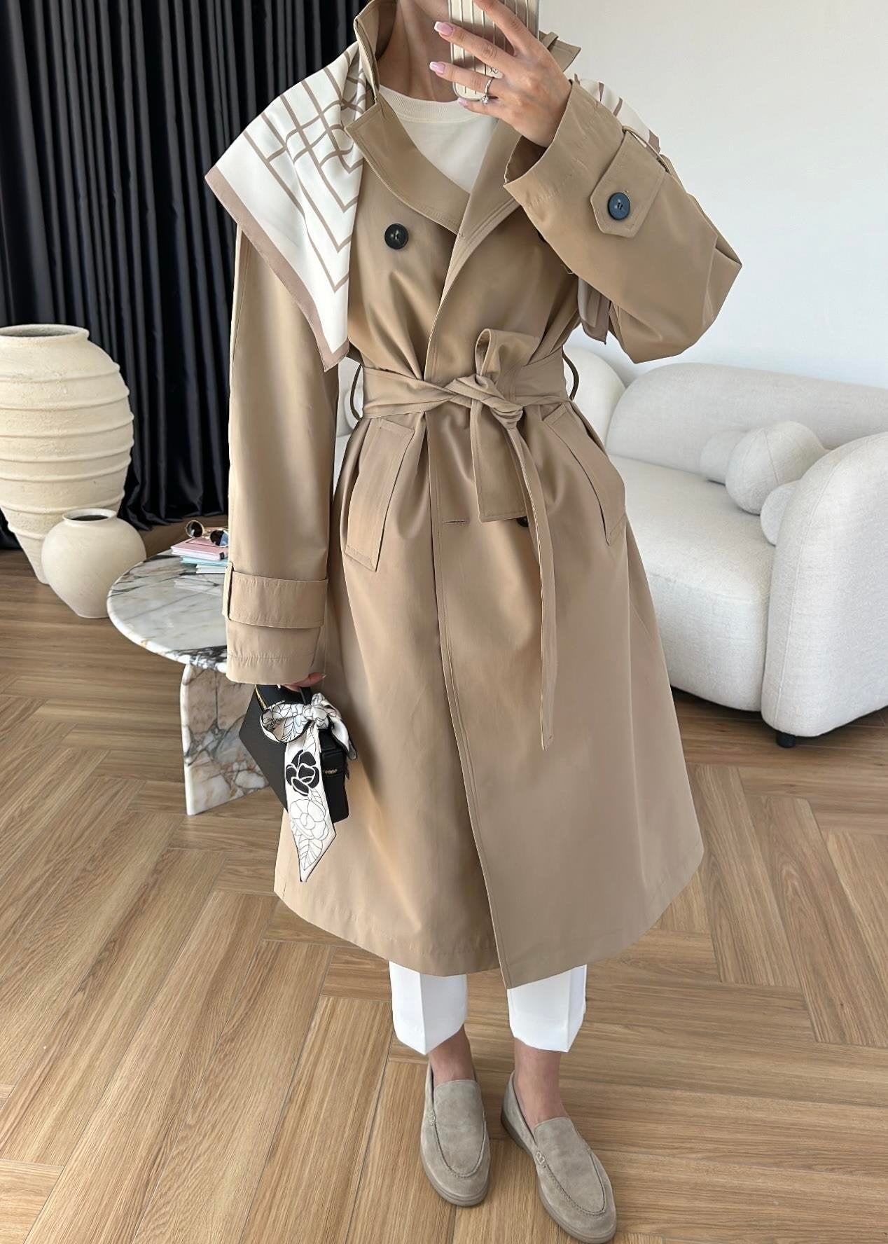 Fularlı Uzun Trençkot BEJ