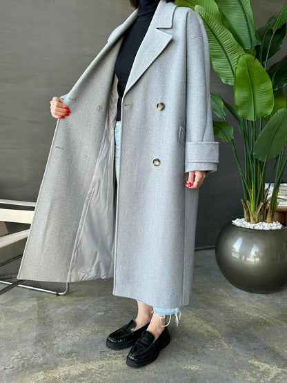 Kelebek Yakalı Uzun Kaban AÇIK GRİ