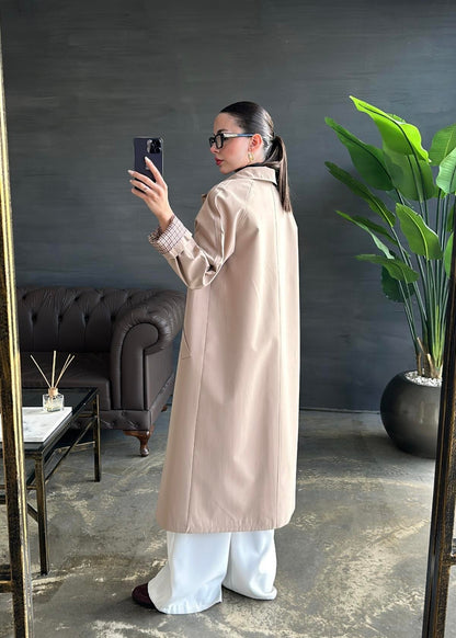 Astarı Kazayağı Desen Trençkot BEJ