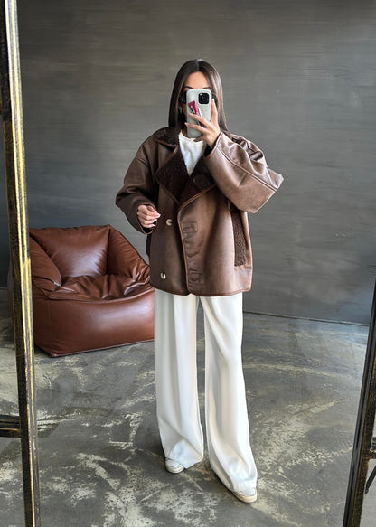 Deri Biyeli Nubuk Ceket KAHVERENGİ