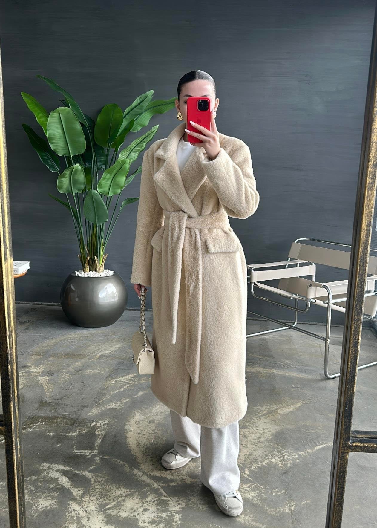 Alpaka Uzun Palto BEJ