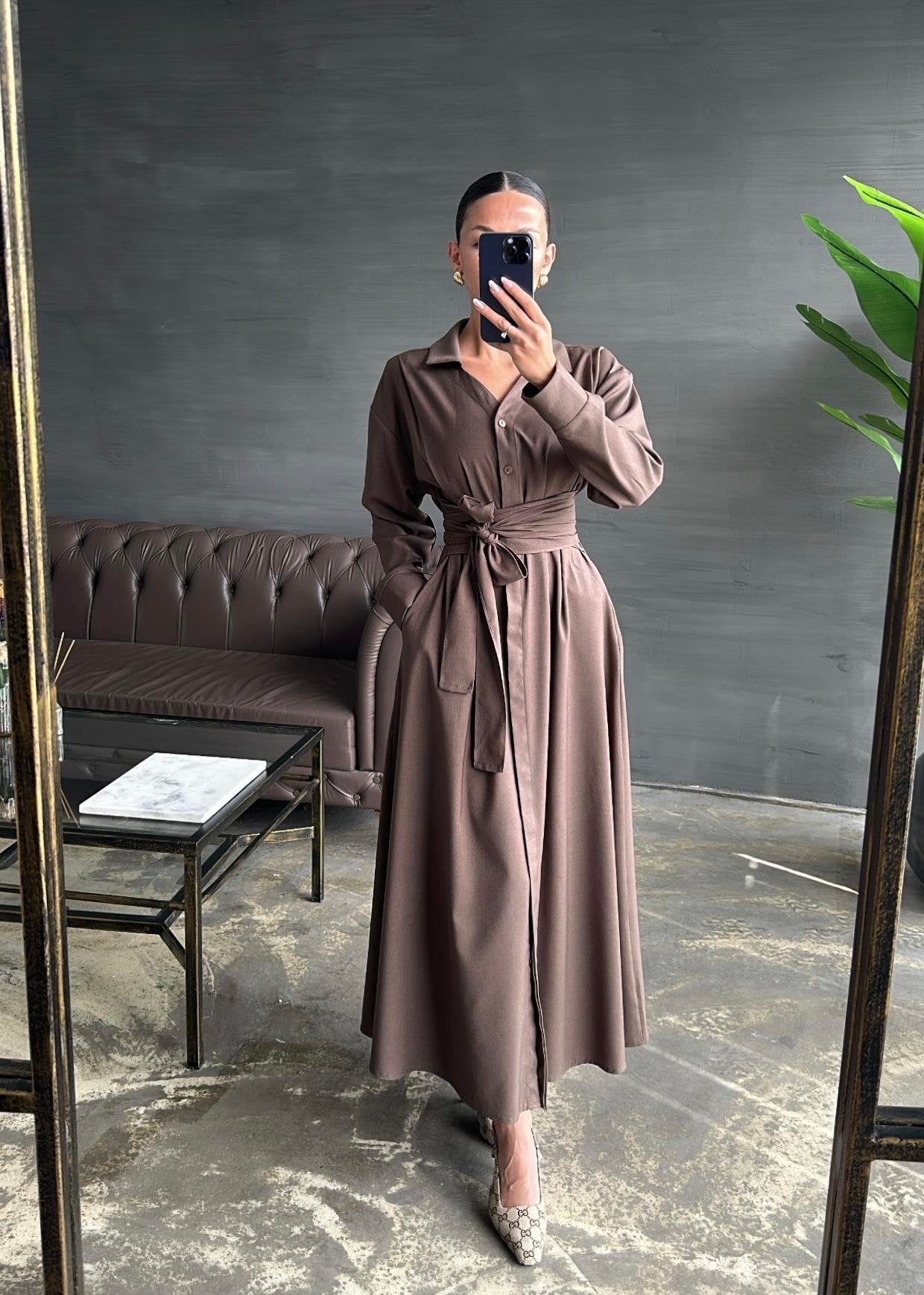 Kuşaklı Elbise KAHVERENGİ