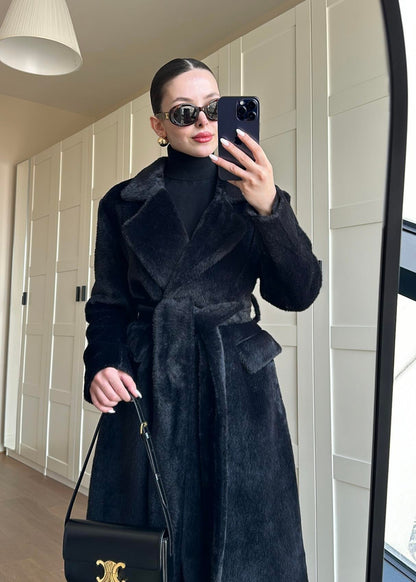 Alpaka Uzun Palto SİYAH