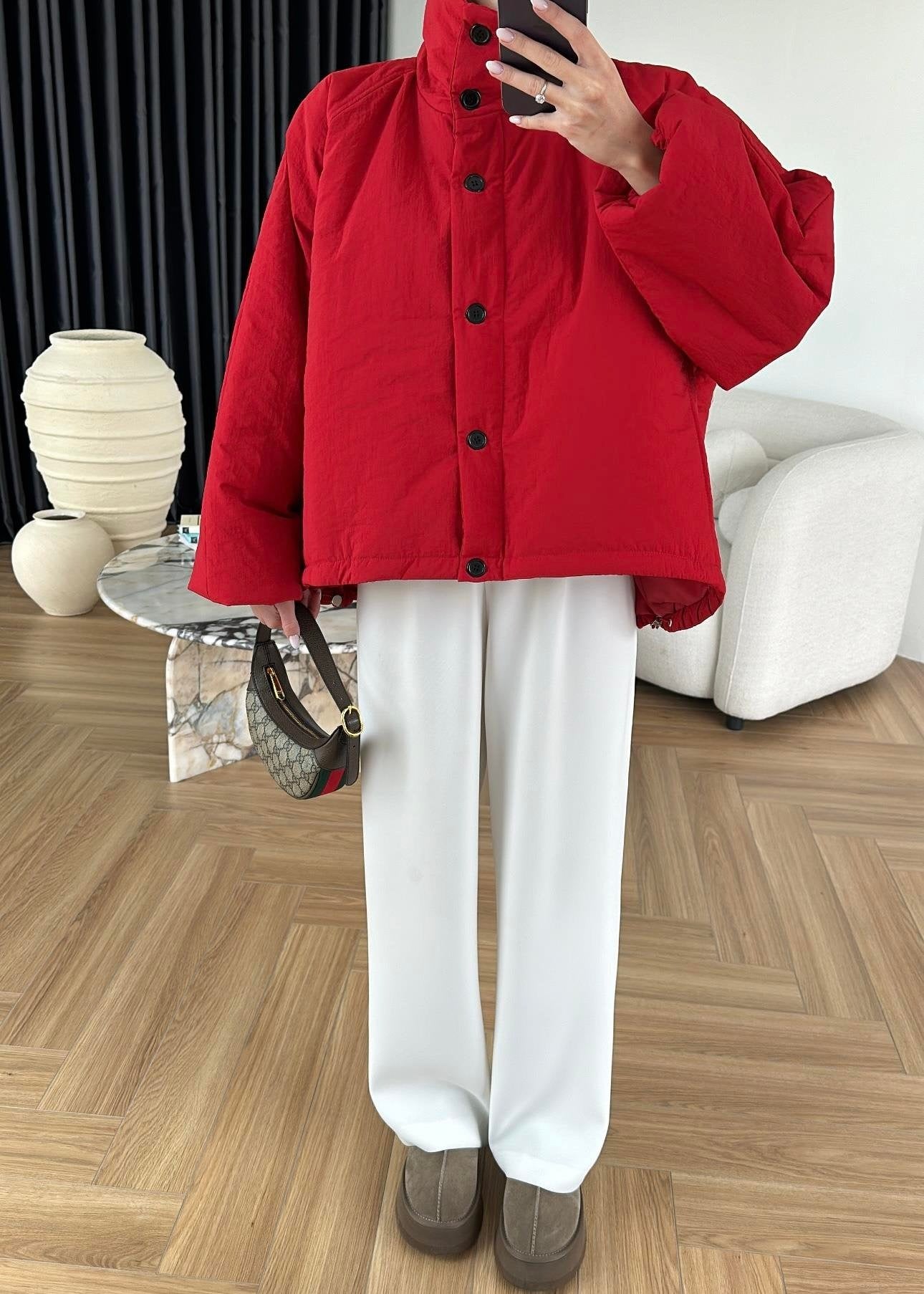 Dik Yakalı Arkası Uzun Mont KIRMIZI