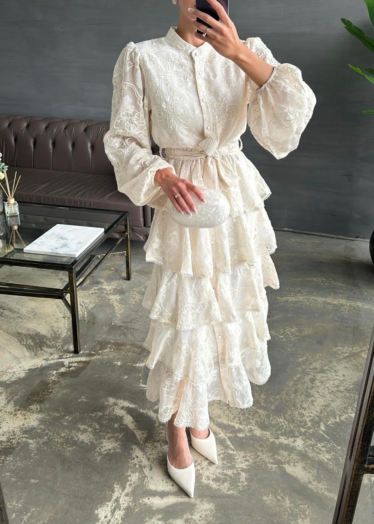 Çiçek Desenli Fırfırlı Elbise BEJ