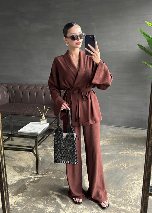 Şal Yaka Krinkıl Kimono Takım ACI KAHVE