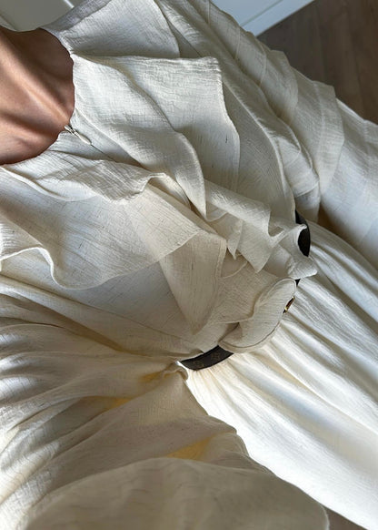 Önü Fırfırlı Naturel Elbise KREM