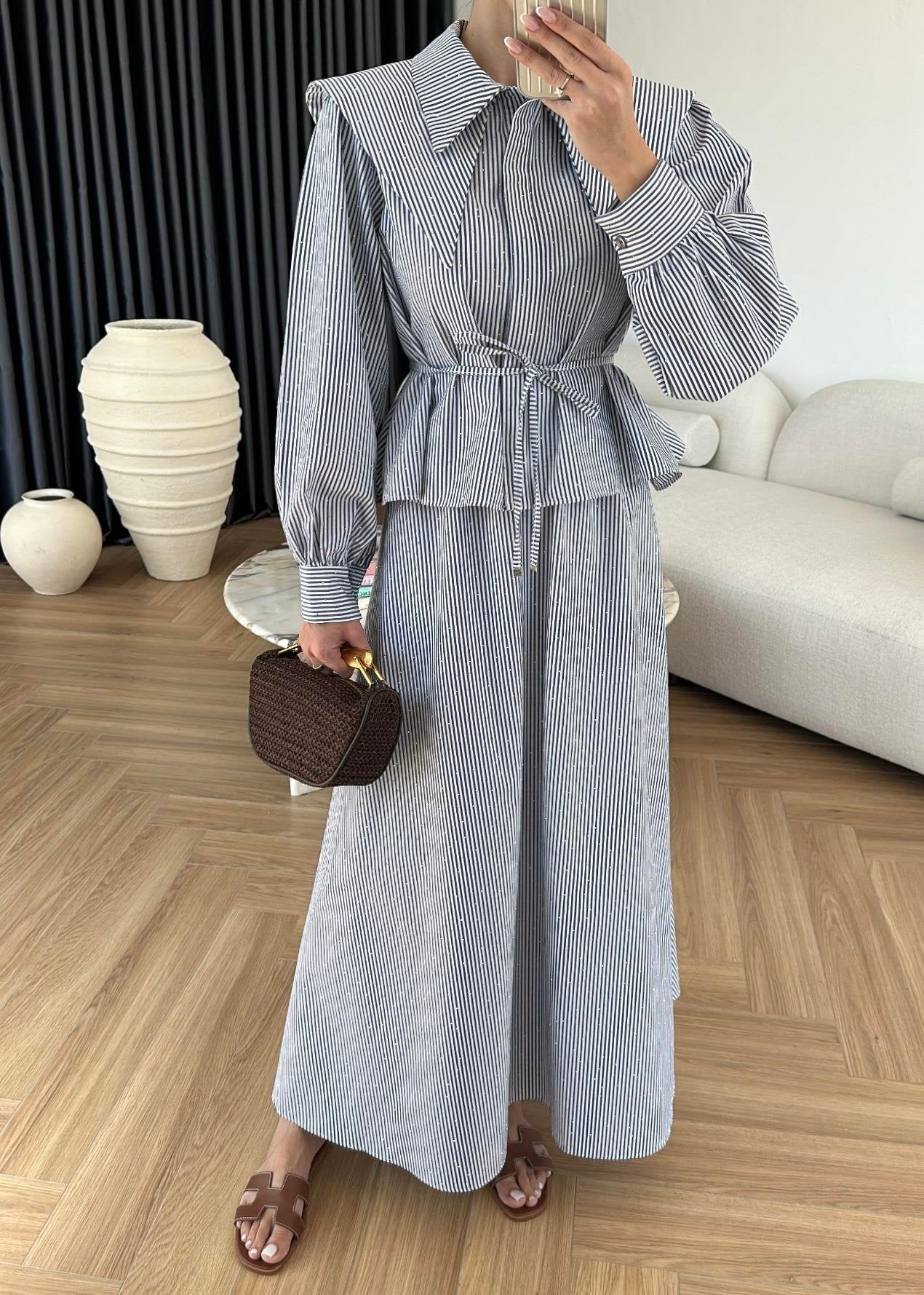 Taşlı Poplin Etekli Takım Mavi