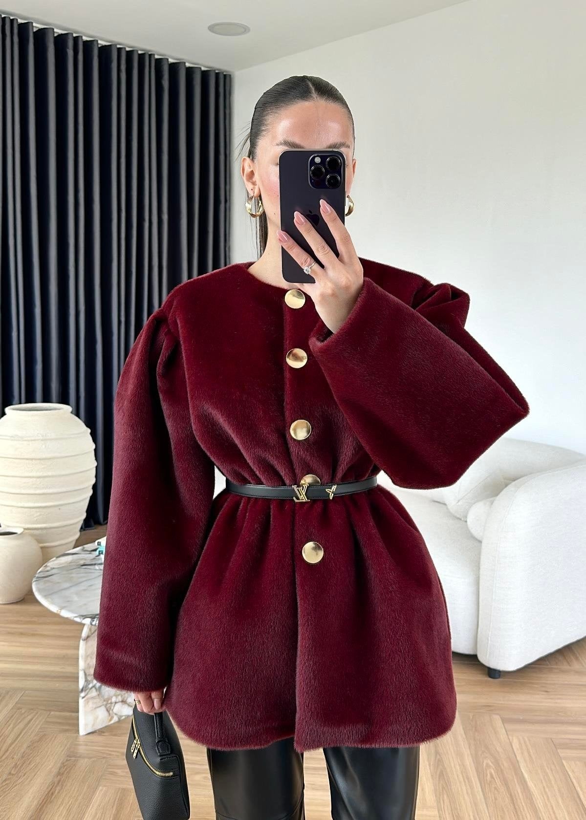 Gold Düğmeli Alpaka Kaban BORDO