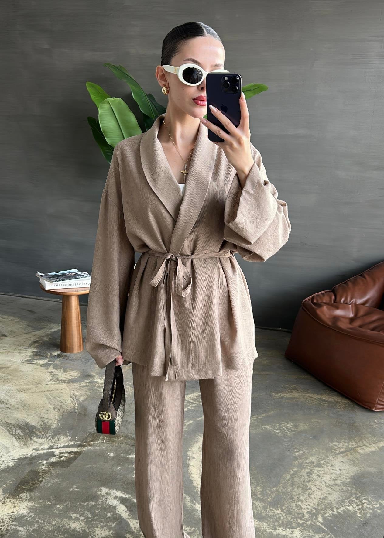 Şal Yaka Krinkıl Kimono Takım VİZON