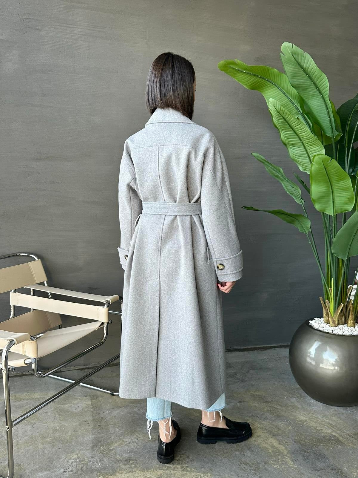 Kelebek Yakalı Uzun Kaban AÇIK GRİ