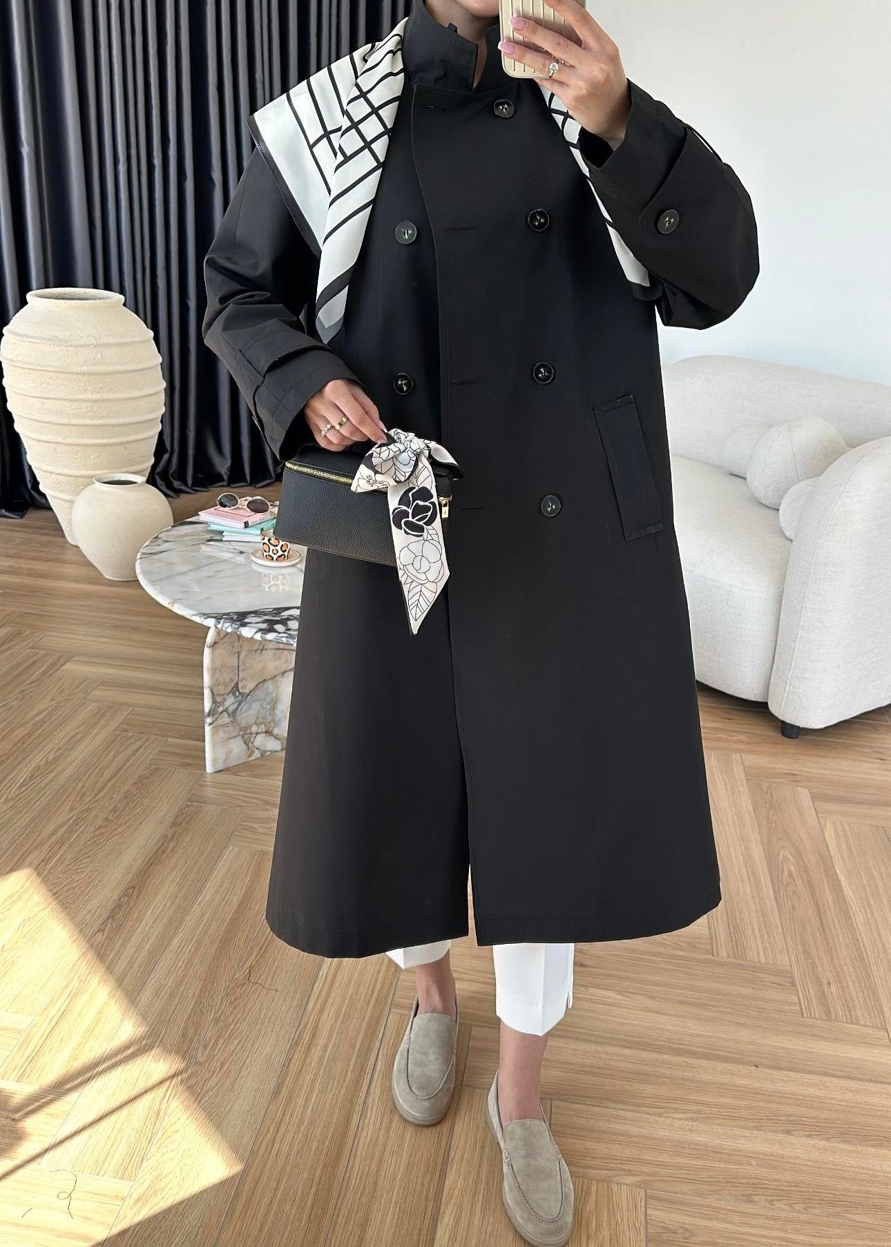 Fularlı Uzun Trençkot SİYAH