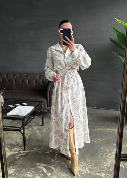 Gold İşlemeli Keten Elbise EKRU