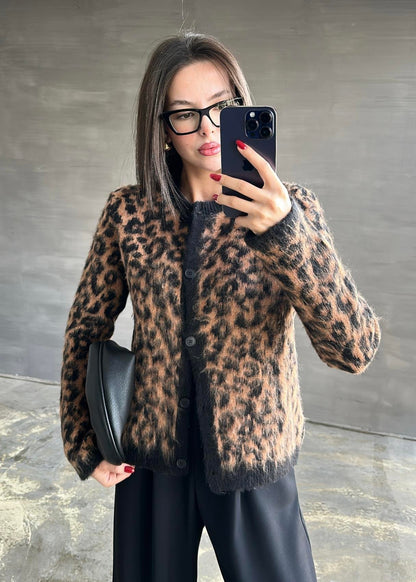 Yün Efekt Leopar Hırka SİYAH