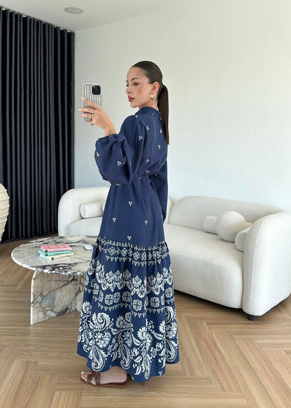 Etek Ucu Motifli Keten Elbise LACİVERT