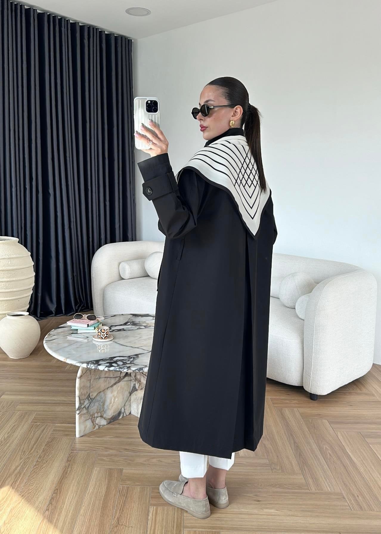 Fularlı Uzun Trençkot SİYAH