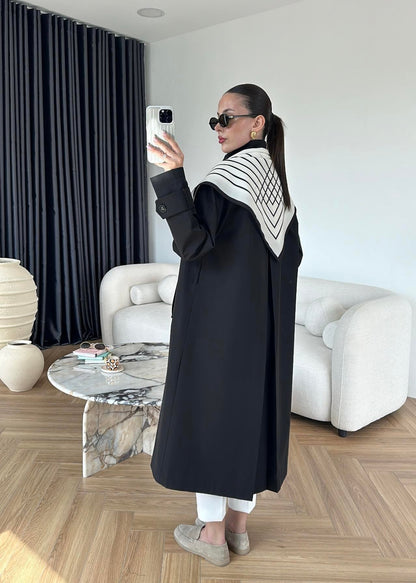 Fularlı Uzun Trençkot SİYAH