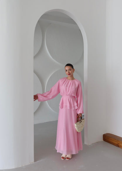 Beli Volanlı Elbise PEMBE