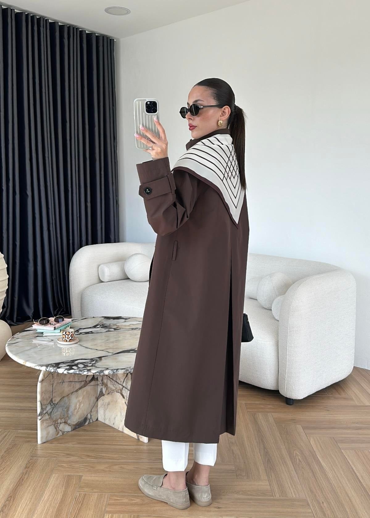 Fularlı Uzun Trençkot ACI KAHVE