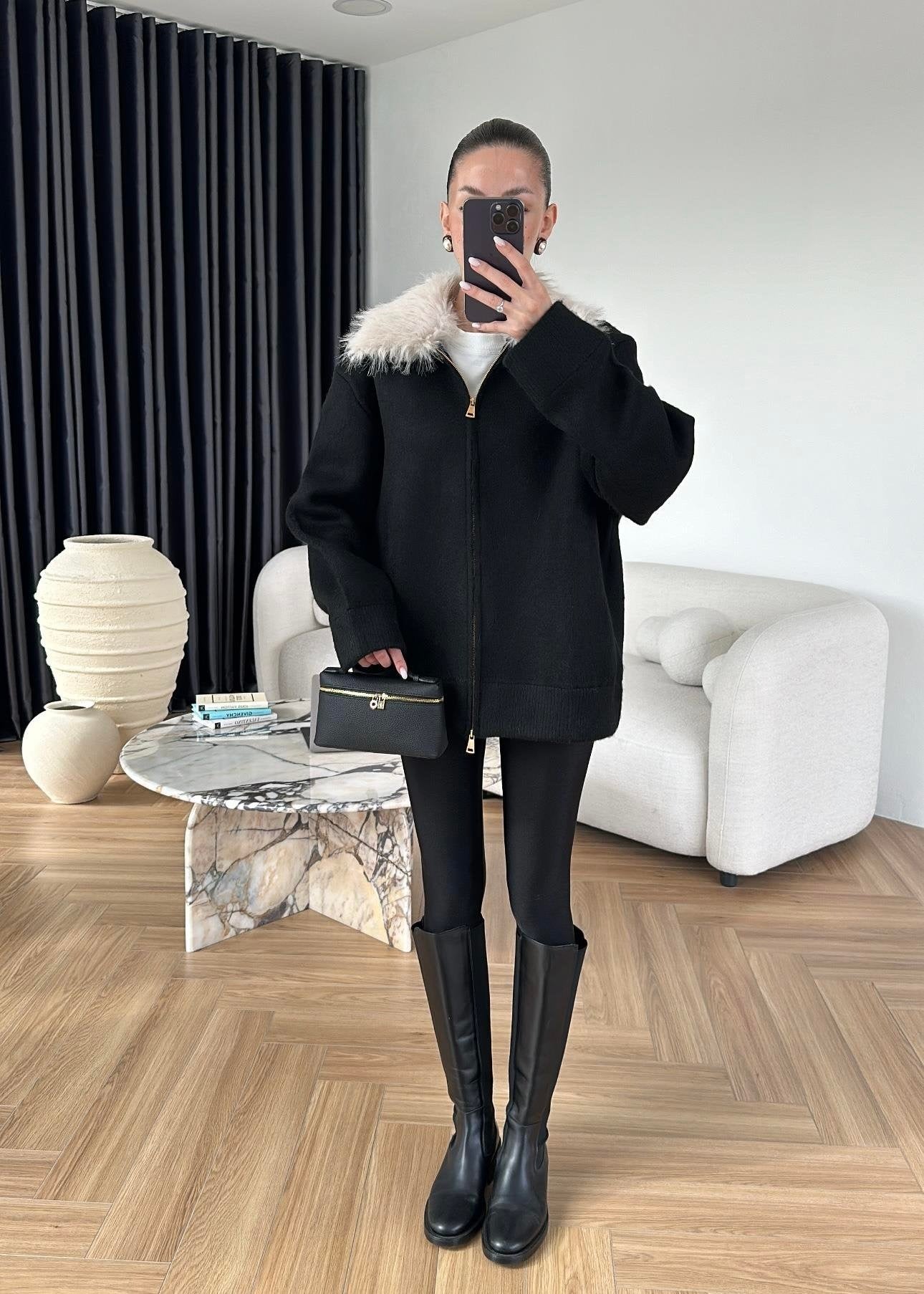 Çıkarılabilir Kürklü Hırka SİYAH