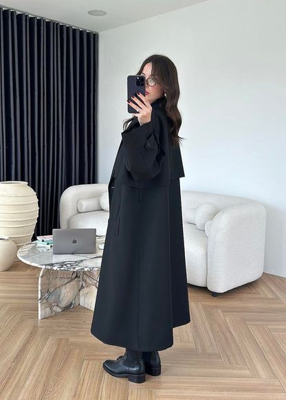 Omuzu Uzun Apoletli Trençkot SİYAH