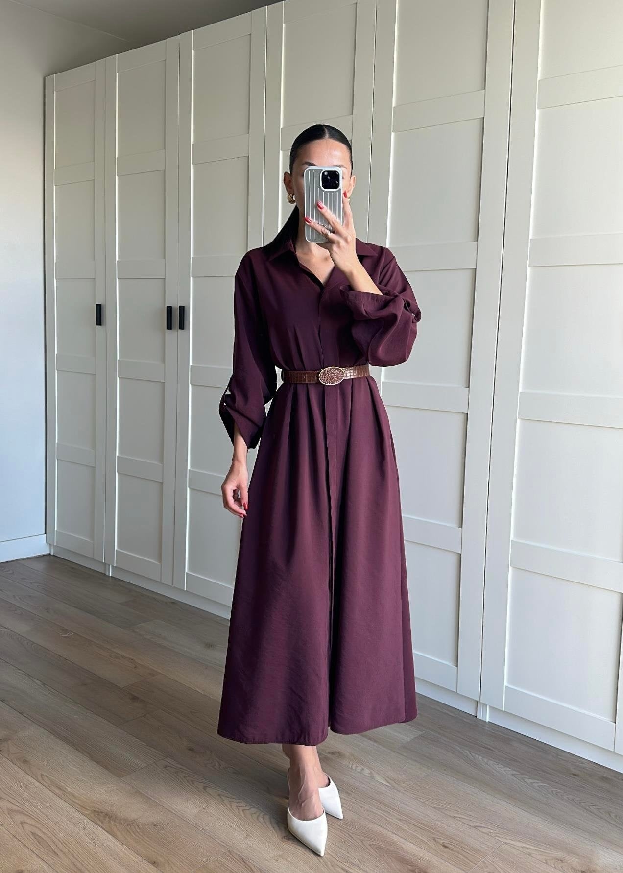 Tensel Kemerli Gömlek Elbise MÜRDÜM