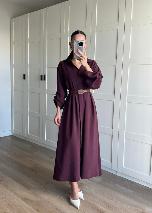 Tensel Kemerli Gömlek Elbise MÜRDÜM