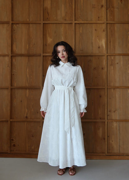 Gömlek Yakalı Brode Elbise BEYAZ