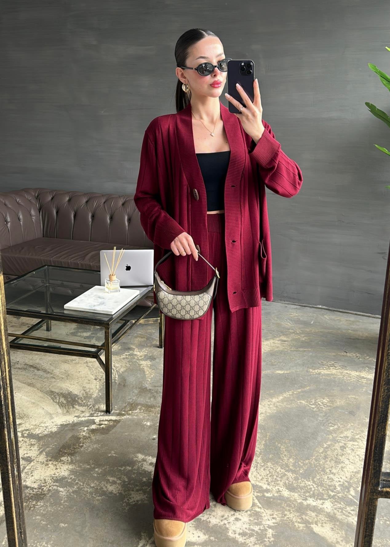 Ahşap Düğmeli Hırkalı Takım BORDO