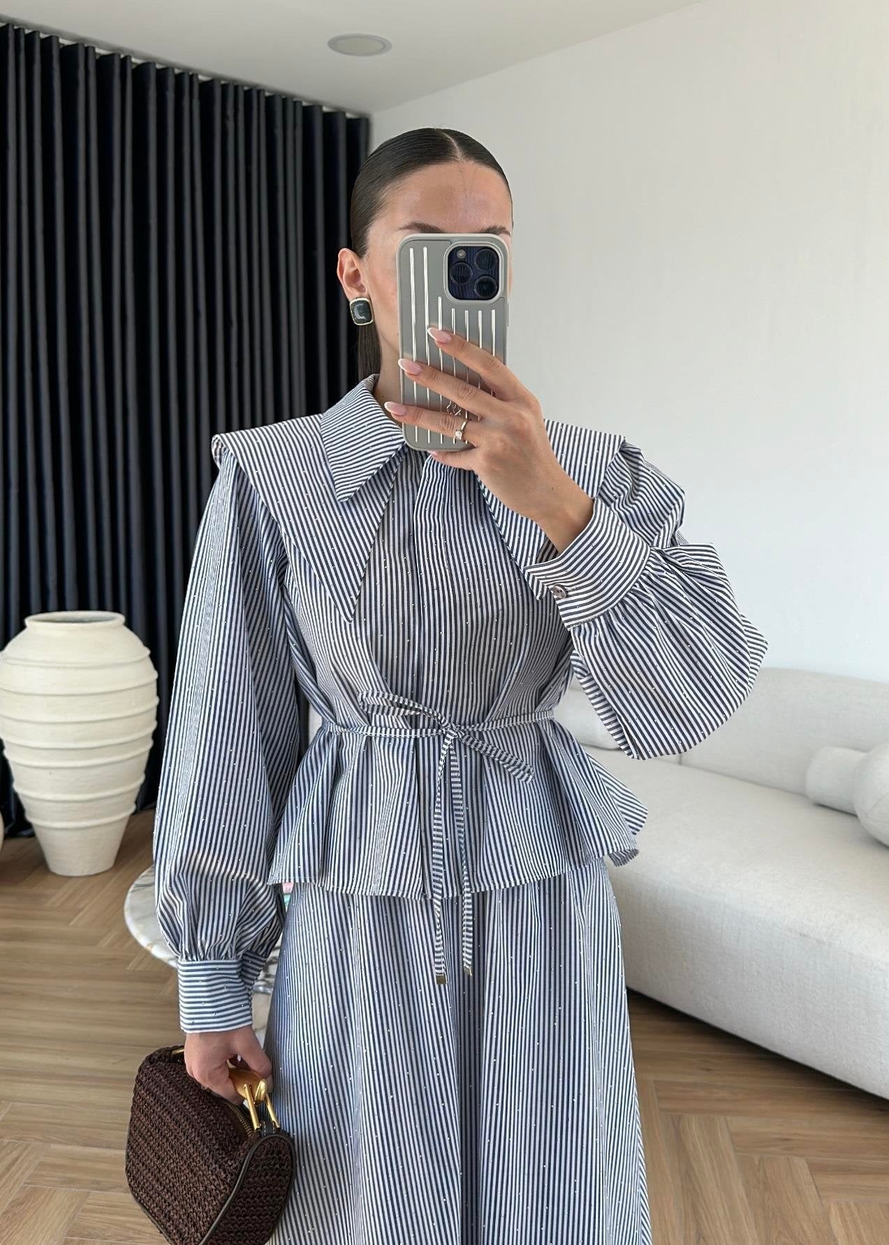 Taşlı Poplin Etekli Takım Mavi