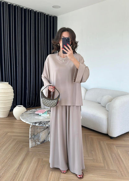 Modal Geniş Paçalı Takım Bej
