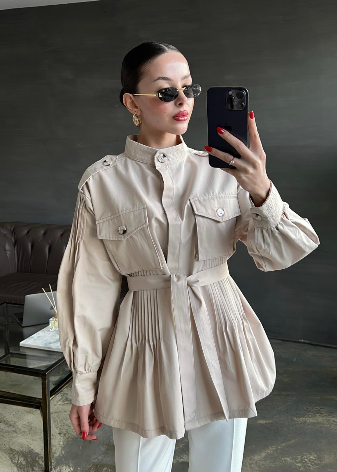 Nervür Detaylı Kap Ceket BEJ