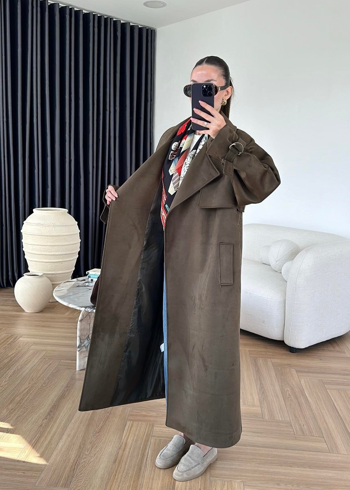 Apoletli Süet Trençkot ACI KAHVE